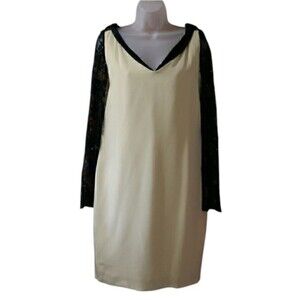 Mark Heister Cream & Black Lace-Sleeved Sheath Midi Dress V-Neck Small